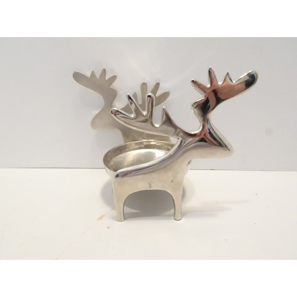 Crate & Barrel Reindeer Pillar Candle Holder Silver Metal Christmas Decor
